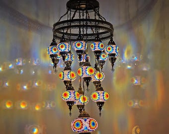 Handmade Turkish Mosaic Chandelier, 17 Globe Pasha Lighting
