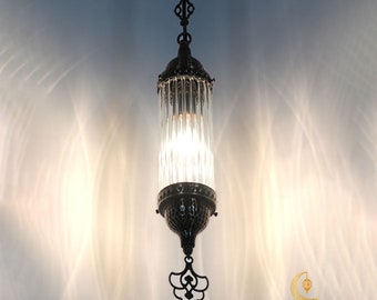 Pyrex Glass Pendant Lamp, Hammered Metal, Tubular Hanging Light