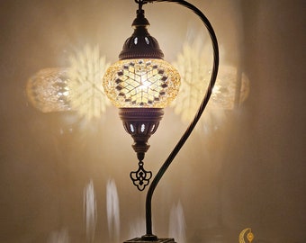 Lampe de table col de cygne globe moyen en mosaïque, éclairage de bureau marocain col de cygne Marrakech pour cuisine, chambre, salle à manger, salon Lampes de bureau