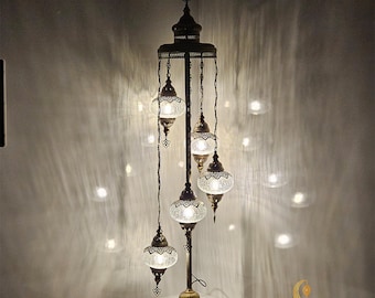 Cracked Clear Globe Turkish Floor Lamp, Handmade Mosaic Ball, Antique Bronze