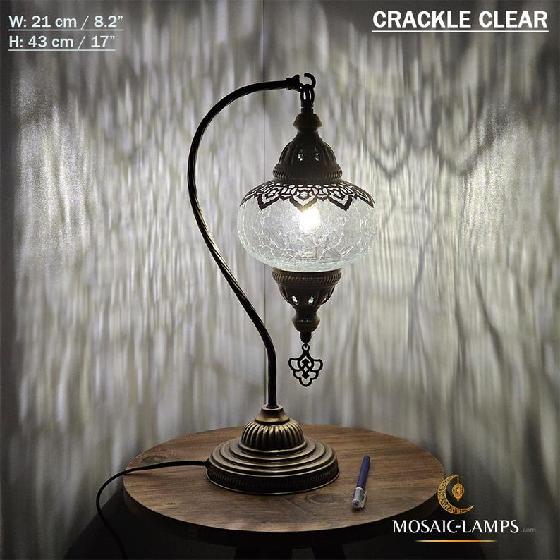 Lámpara de mesa de cristal craquelado con cuello de cisne, lámpara de escritorio marroquí tipo otomana