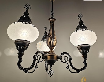 Clear 3 Globe Handmade Turkish Moroccan Arabian Eastern Bohemian Crackle Glass Ceiling Hanging Chandelier Lamps Home Decor, Living Room