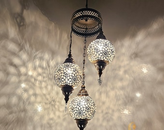 XL Blown Glass Chandelier: Ottoman Moroccan 3-Globe Lamp