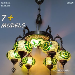 7 Color, 6+1 Globe Candlestick Living Room Chandelier, Handmade Turkish, Moroccan Authentic Mosaic Lamp, Bedroom Hanging Lamps