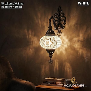 White Turkish Mosaic Wall Sconce, Swan Neck Bedroom Lamp, Handmade Boho Bedside Light
