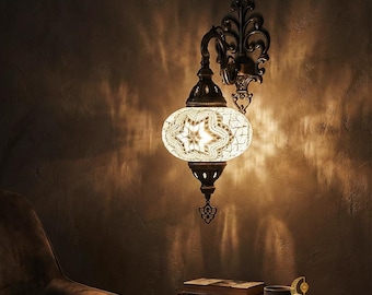 White Turkish Mosaic Wall Sconce, Swan Neck Bedroom Lamp, Handmade Boho Bedside Light