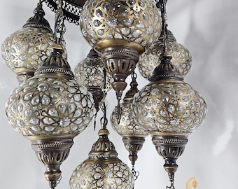 Blown Glass Globe Chandelier, Moroccan Turkish Pendant Lighting, Set of 9