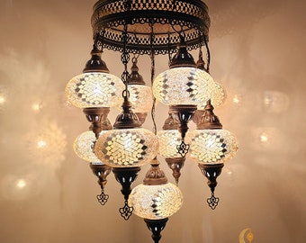 Large Turkish Mosaic Chandelier, 9 Globe Moroccan Lighting