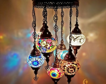 7 Lampadario Globe Sultan, set di lampadari a mosaico turco a sfera media, luci a mosaico a sospensione marocchina da soggiorno, luci ristorante