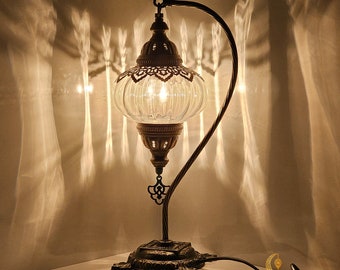 Lampe de table col de cygne globe optique transparent, lampe de bureau ottomane, lampe turque bohème, lampes vintage col de cygne, veilleuse de chevet de chambre à coucher