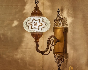 Antique Bronze Turkish Mosaic Wall Sconce, White Glass Globe