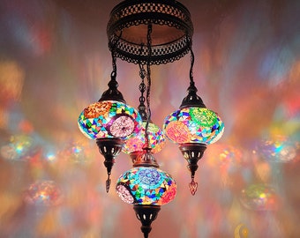 Handmade Turkish Mosaic Chandelier, 4 Globe Sultan Hanging Light