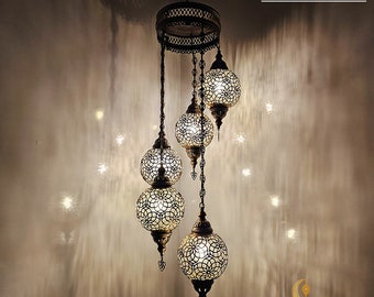 Blown Glass Globe Chandelier: Moroccan Ottoman Lamp, Set of 5