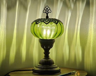 Blown Glass Globe Table Lamp: Turkish Bronze Base, Bedroom Lighting