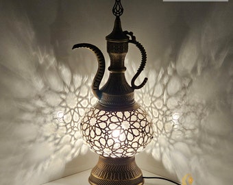 Blown Glass Seljuk Pitcher Table Lamp, Large Laser Metal Blown Glass Ball Ottoman Lamp, Living Room, Restaurant, Bedroom, Kitchen Dining