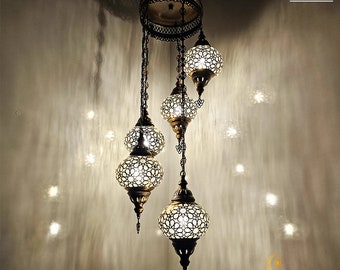 5 Blown Glass Globe Chandelier, Moroccan Turkish Pendant Lights
