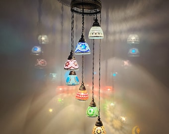 Funnel Glass Turkish Mosaic Chandelier, Handmade Moroccan Hanging Lamp