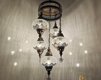 Crackle Glass Ottoman Chandelier, Moroccan 5 Globe Lantern