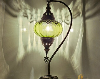 Lampe de table col de cygne, lampe de bureau globe transparent turc, lampe en métal personnalisée bohème, lampe vintage col de cygne, lampe de chevet d'appoint de nuit