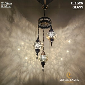 3 Globe Ottoman Laser Chandelier, Moroccan Turkish Traditional Ceiling Lamp, Living Room Hanging Lamp, Bar Restaurant Hanging Blown Lights