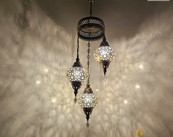 Laser Cut Ottoman Chandelier, Moroccan Blown Glass Hanging Lamp