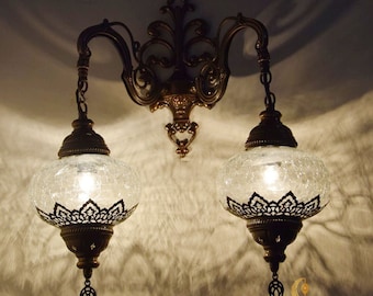 Double Turkish Wall Lamp, Clear Glass Globes, Brass Sconce