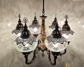 6-Arm Turkish Chandelier, Ottoman Style, Bronze & Silver Metal
