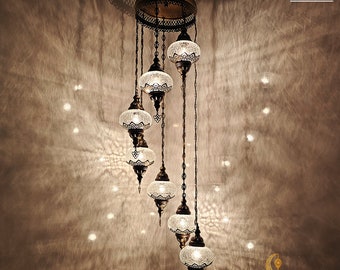 Clear 7 Globe Chandelier, Crackle Globe Set Of 7 Spiral Chandelier, Living Room Chandelier, Kitchen Chandelier, Moroccan Stair Chandelier