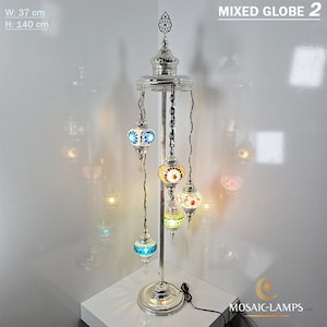 Silver Metal 5 Globe Turkish Floor Lamps, Living Room Bedside Floor Lights, Bedroom Floor Lighting, Handmade Mosaic Ball Floor Lamp, Nickel