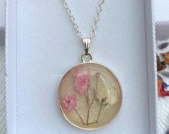 Baby's Breath sterling silver plated pendant - epoxy resin necklace with real dried flowers on silver plated or sterling silver chain