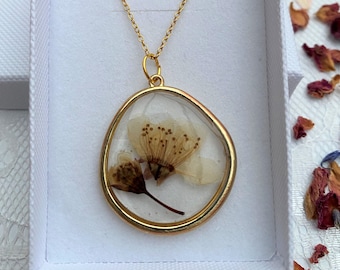 Cherry Blossom handmade epoxy resin necklace with real pressed flower 925 Stamped Sterling Silver Chain Gold Plated 16"