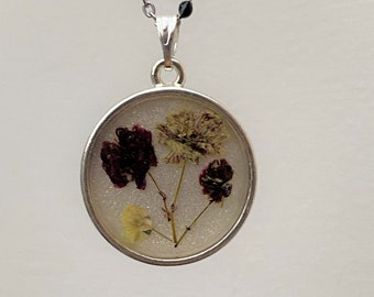 Baby's Breath sterling silver plated pendant - epoxy resin necklace with real dried flowers on stainless steel black bead chain