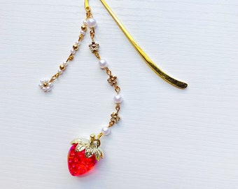 Strawberry Beaded Bookmark, Hook Bookmark, Book Lover Gift Idea, Gold Bookmark, Pretty Bookmark, Pink Bookmark For Women, Bookish Gift