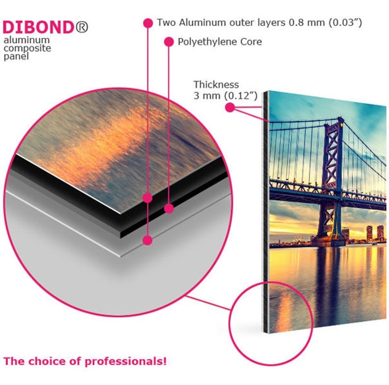Puede incluir: Primer plano de un panel compuesto de aluminio Dibond, que muestra su construcci&oacute;n en capas. El panel tiene dos capas exteriores de aluminio de 0,8 mm, con un n&uacute;cleo de polietileno de 3 mm. La imagen es un puente al atardecer.