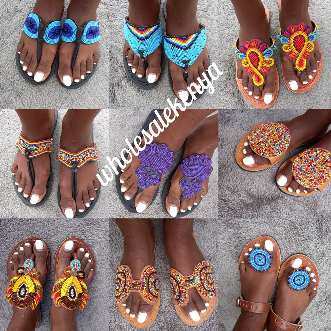 One toe leather beaded handmade Masai Sandals Blue