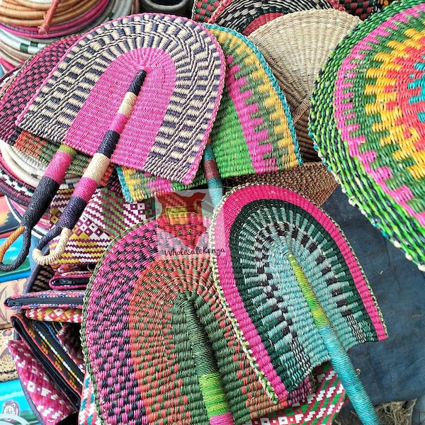 ON SALE Woven African Fan Wholesale Bolga Handmade Fan Weaved Hand Held Summer Sun Fan Personalized Sisal Leather fan Wall Hanging GiftDeco