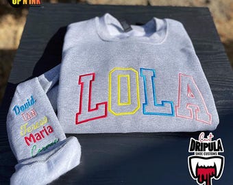 Lola Personalized Sweatshirt Embroidered Grandma  Multicolored Christmas Anniversary Birthday Gift for Her Crewneck Fall Winter Name Sleeve