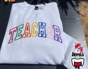 Personalized Teacher Sweatshirt Embroidered  Multicolored Back To School Gift for Her, Leaning Applique Crewneck Fall Classroom
