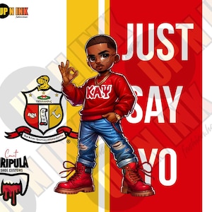 Może przedstawiać: Kreskówkowa ilustracja osoby w czerwonym swetrze z napisem "KAY", niebieskich dżinsach i czerwonych butach. Osoba stoi przed czerwono-żółtym tłem z napisem "JUST SAY YO" w białym kolorze.