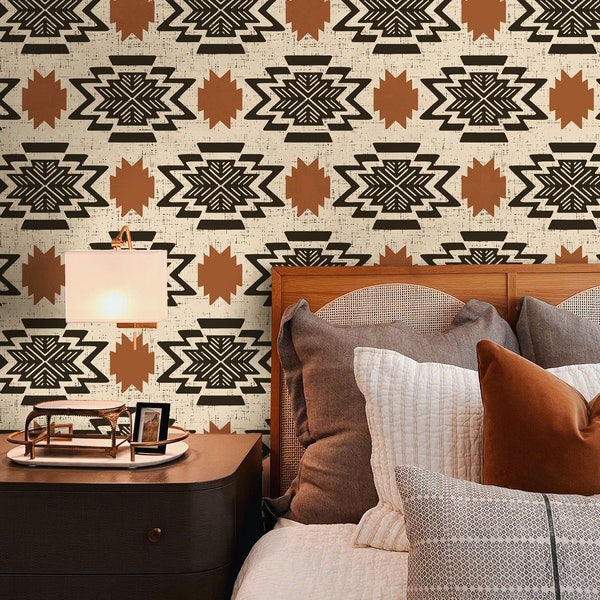 Removable Wallpaper / Peel and Stick /Modern Aztec / Western / Boho / Southwest Decor / Wall + Shelf DIY / Photo Wall