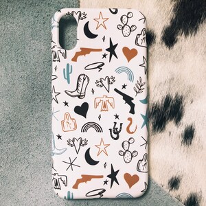 Wilder Westen Doodles - iPhone 14, 15, 16 Hülle, Pro/Max/Plus, Snap Case oder Tough Schutzhülle, Western, Boot, Hufeisen, Thunderbird
