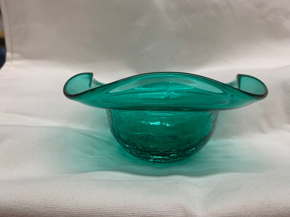 Blenko crackle glass teal candy dish Etsy