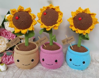 Crochet sunflower in a pot, plushie sunflower, knit home decor, Ukraine sunflower