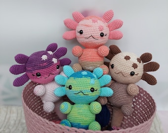 Crochet axolotl plush, cute amigurumi stuff animal, water dragon, walking fish, kawaii plushie, soft salamander handmade, knit toy for gift