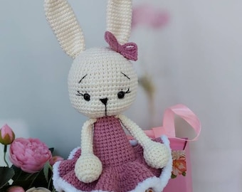 Crochet bunny plush, knit bunny with dress, rabbit stuff animal, amigurumi toy, handmade bunny ballerina doll, gift for girl, kawaii plushie