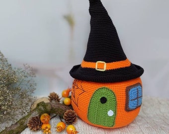 crochet pumpkin plush, spooky creation, handmade fall decor, amigurumi stuff witch house, knit plushie toy, wizard house with spider web