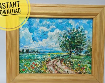 Ukrainian children art, Ukrainian field with flowers and blue sky, Ukraine landscape painting, Ukraine canvas, instant download media file