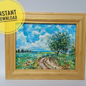 Ukrainian children art, Ukrainian field with flowers and blue sky, Ukraine landscape painting, Ukraine canvas, instant download media file