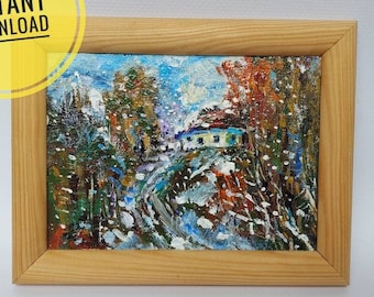 Ukrainian children art, Ukraine winter with house in the forest, snowing weather, beautiful landscape canvas painting, instant download