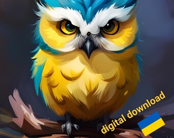 Blue and yellow owl, cute owl portrait, Ukraine printable card, beautiful bird painting, digital downloadable art